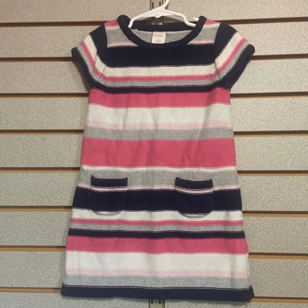 Gymboree Girls Size 5 Striped Sweater Dress Pink Navy Blue Metallic Sparkle Knit